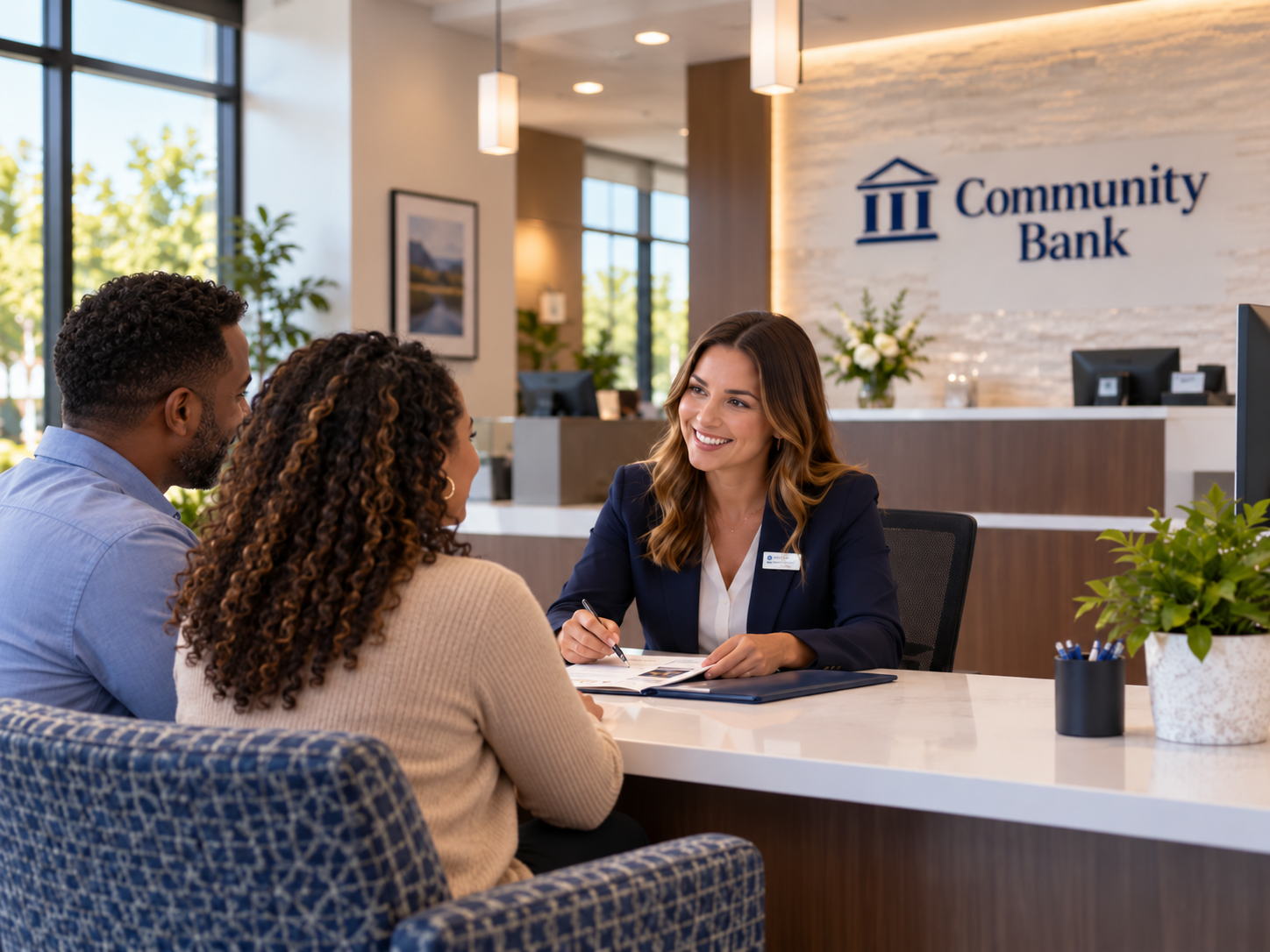 Concept image of a community banker helping customers inside a branch
