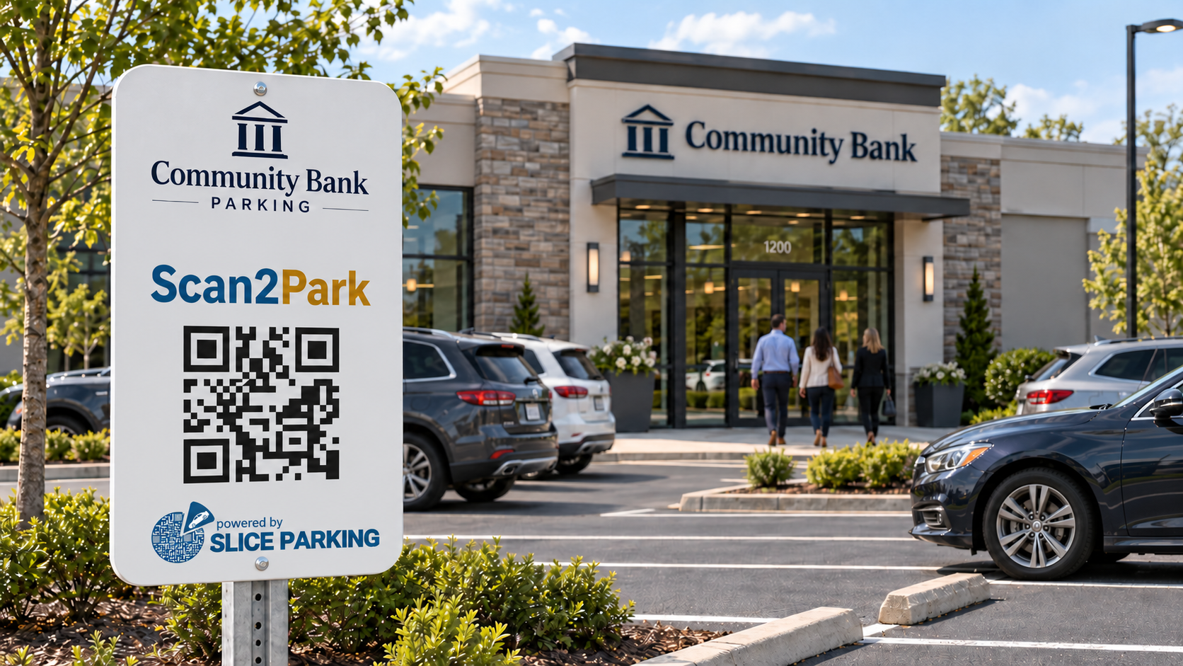 Concept image of a community bank branch with Scan2Park parking signage