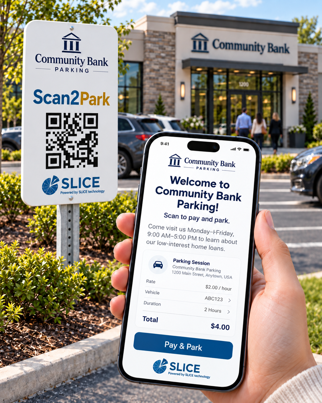Concept mockup of the Community Bank-branded Scan2Park mobile parking and payment experience